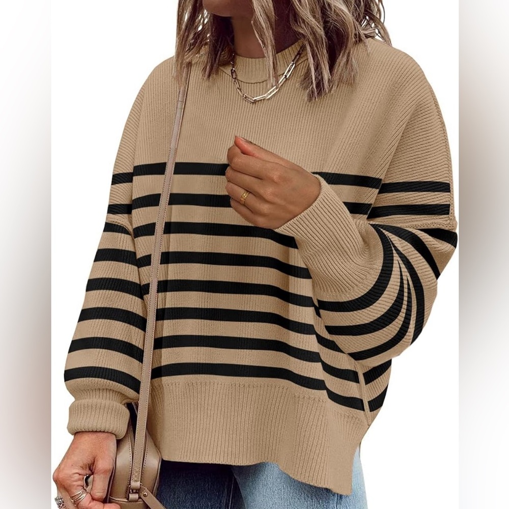 Womens Sweater Crewneck Batwing Sleeve Tan Black Stripe Side Split Oversized SZM